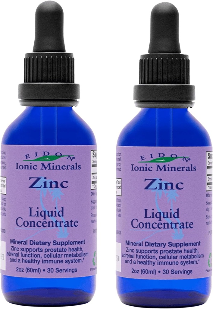 Eidon Ionic Minerals Concentrado de zinc líquido - Ionic Zinc Supplement Drops for Adults and Kids, Support Immune System, Hair and Skin, Liver and Kidney Health - 2 oz, 2 Pack