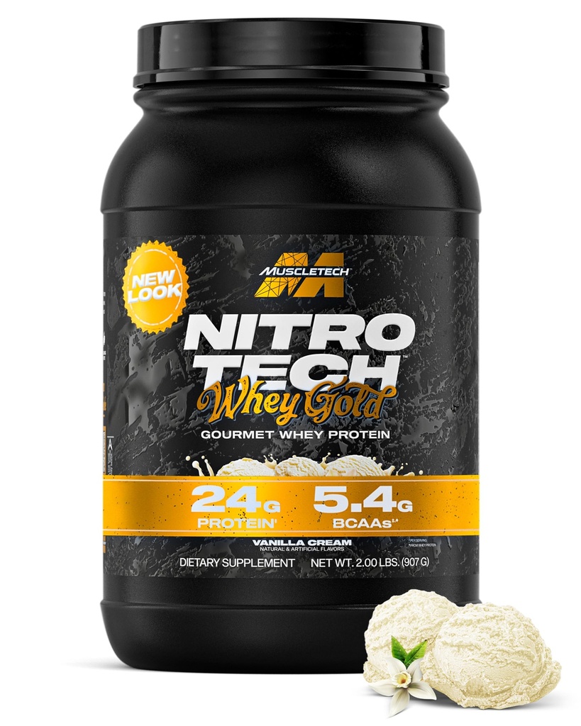 MuscleTech Whey Protein Powder (Vanilla Cream, 2LB) - Nitro-Tech Whey Protein Isolate Smoothie Mix for Lean Muscle & Recovery - 24g of Whey Gold for Women &amp; Hombre - Embalaje mayo Vary