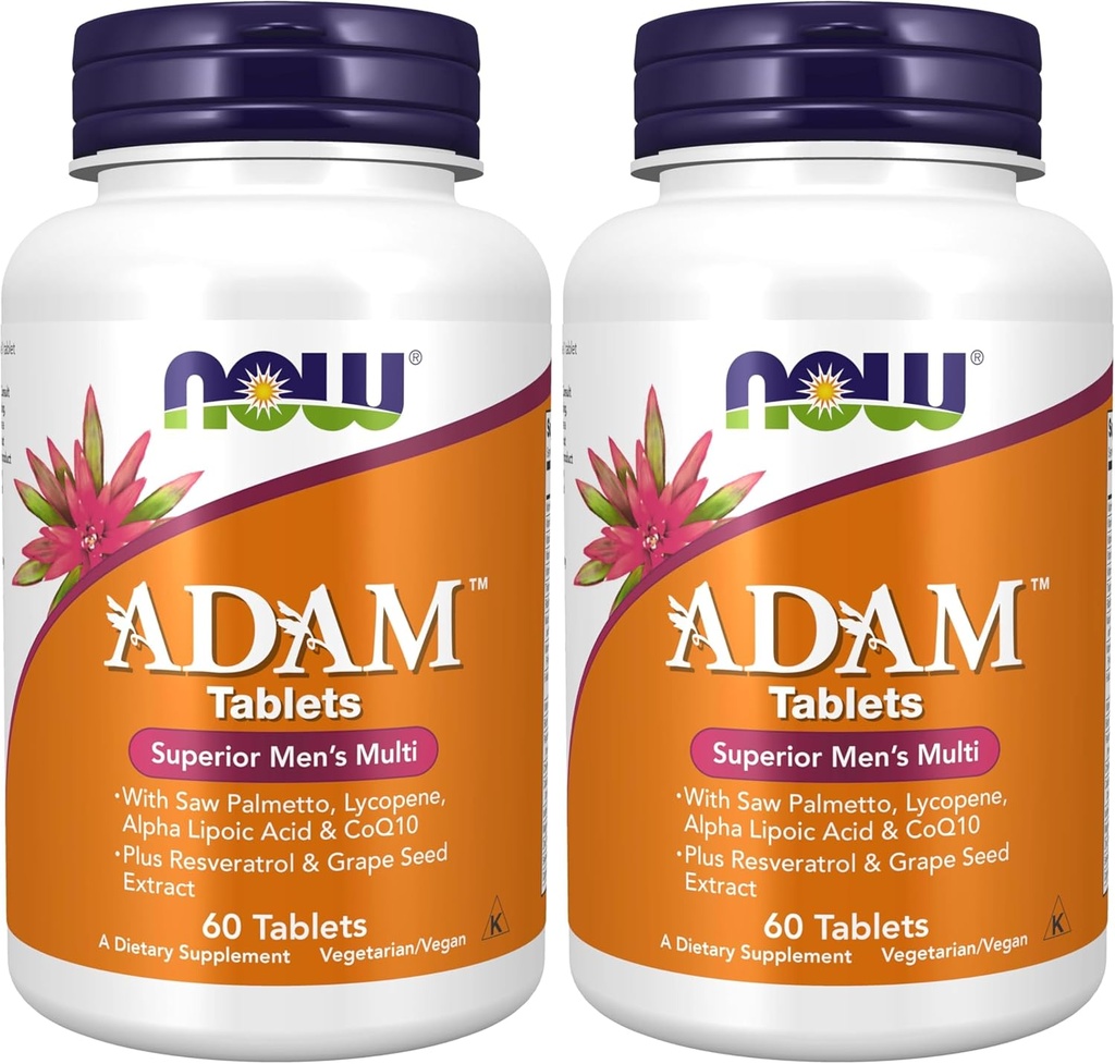 AHORA Suplementos, ADAMTM Multivitamínico Hombre con Saw Palmetto, Lycopene, Ácido Lipoico alfa y CoQ10, Plus Resveratrol Natural & Grape Seed Extract, 60 Tablets (Pack of 2)