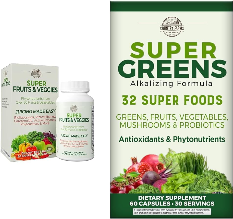 COUNTRY FARMS Super Fruits Veggies Capsules 30 Super Foods 30 Servings and Super Greens Vegicaps 32 Super Foods 60 Cuenta 30 Servings