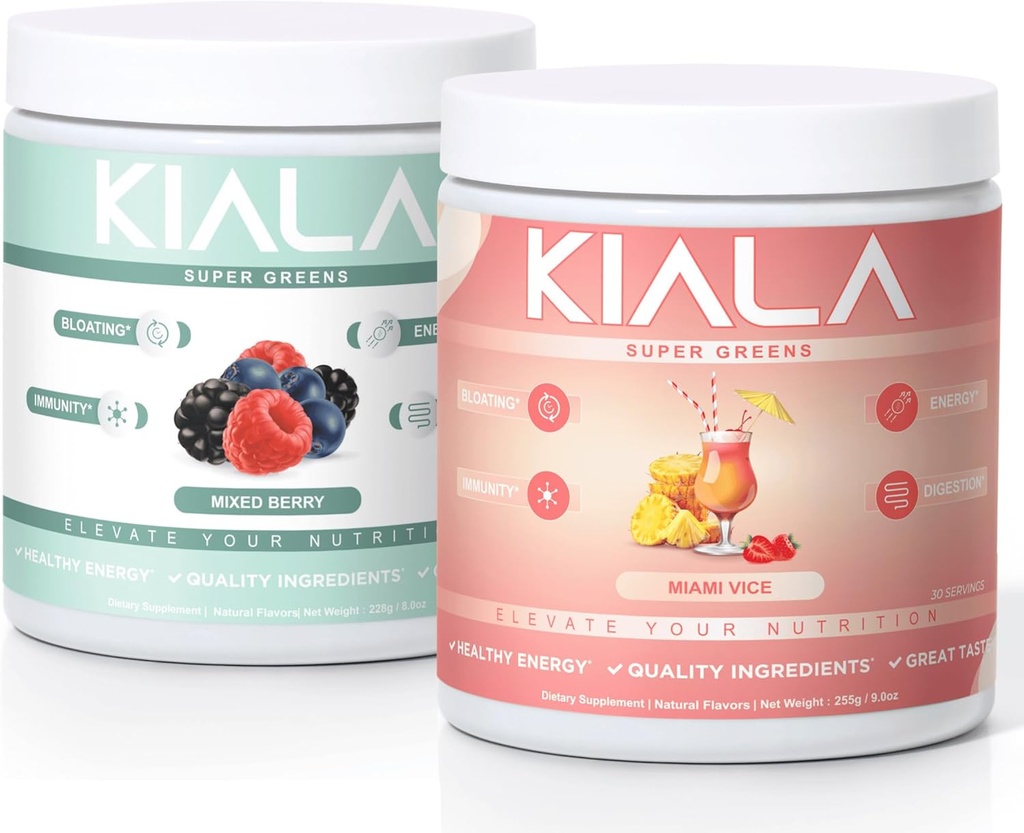 Kiala Nutrición Super Verdes, Ecológico Verde Polvo con Spirulina & Clorella para la Digestión, Gut Health, Inmunity & Energy, Gluten Free, Vegan, Berry mixed + Miami Vice, 30 Servings