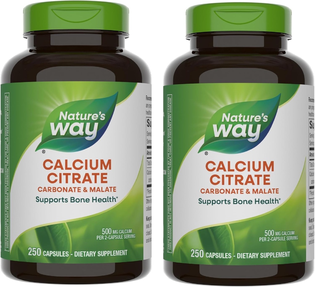 Citrato de calcio, 500 mg de calcio por 2 cápsulas, para la función de la salud ósea y el músculo*, mezcla de citrato, carbonato " malato, sin gluten, 250 cápsulas (paquete mayo Vary) - 2 paquete