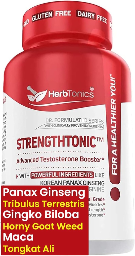 Herbtonics Testosterone Support Suplemento para Hombres - Coreana Panax Ginseng " Tribulus Terrestris - Apoya la Energía Saludable, Fuerza " - 60 cápsulas Vegan