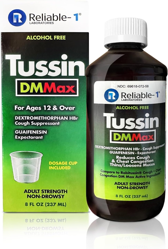 Reliable-1 Laboratorios Tussin DM MAX Suppressant, Reduce la tos " Congestión de pecho, Thins/Loosens Mucus, Adult Strength Non-Drowsy, 8 FL OZ (237 ML)