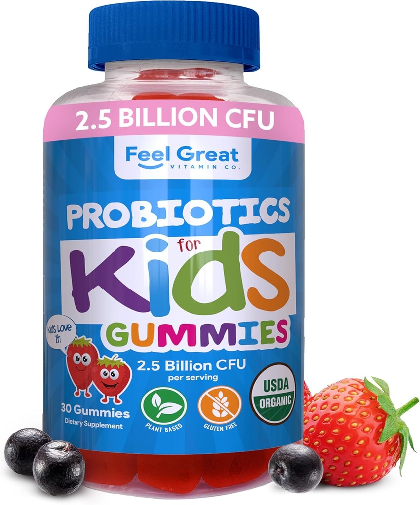 Feel Great USDA Orgánica de los niños Probióticos Gummies ← Probióticos de Fresa Chewable para la Salud Digestiva & Apoyo Inmunitario ← Probióticos basados en plantas " Prebióticos para niños
