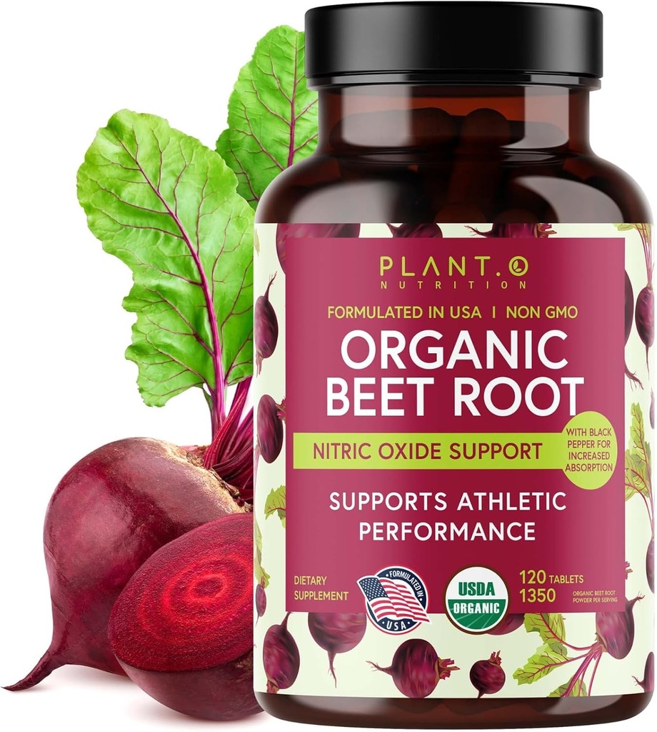 Planta USDA. O Premium Tabletas de bobinas orgánicas [1350 mg de remolacha de remolacha] con Pepper negro para absorción extra - Suplemento de óxido nítrico