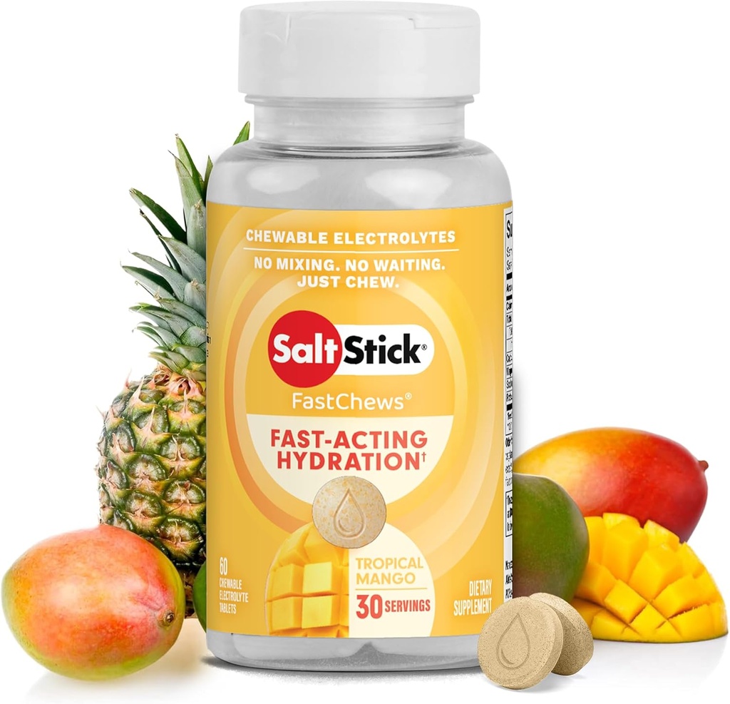 SaltStick Electrolyte FastChews - 60 electrolitos de mango tropical - Tablas de sal para correr e hidratación, cerdas de electrolitos - 60 cuenta