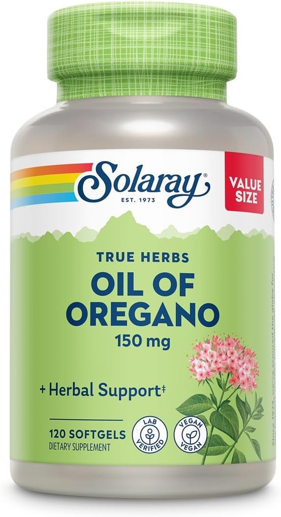 SOLARAY Petróleo de orégano Softgels 150 mg - Suplemento de aceite de orégano para Potente Wellness Soporte - Digestión suave - Base de aceite de oliva virgen extra - Vegan, garantía de 60 días - 120 Serviciones, 120 Softgels