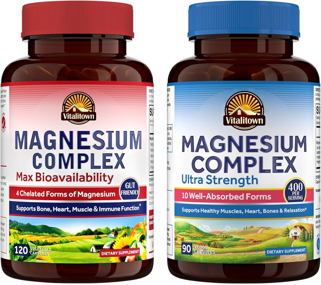 Vitalitown Ultimate Magnesium Bundle (Pack of 2) Ø Magnesium 4-in-1 Complex (Item 1) & Magnesium 10-in-1 Complex (Item 2) peru 120 + 90 Capsules
