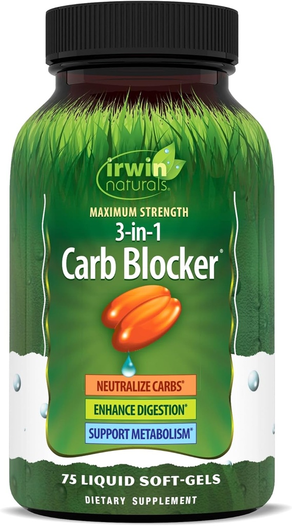 Irwin Naturals Maximum Strength 3-in-1 Carb Blocker - Neutralize Carbohydrates - 75 Softgels líquidos
