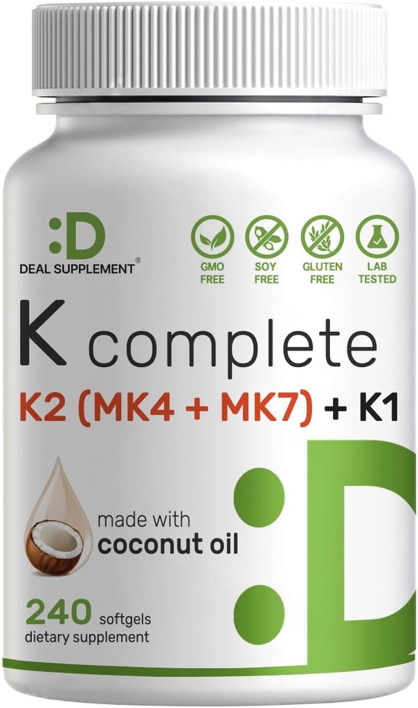 SUPLEMENTO DEAL Vitamina K Complete - 240 Aceite de coco Softgels ← High Potency Vitamin K2 (MK-7 y MK-4) & K1 Silencio Full Spectrum Triple Vitamin K ← Bone, Joint, &amp; Immune Support – Non-GMO