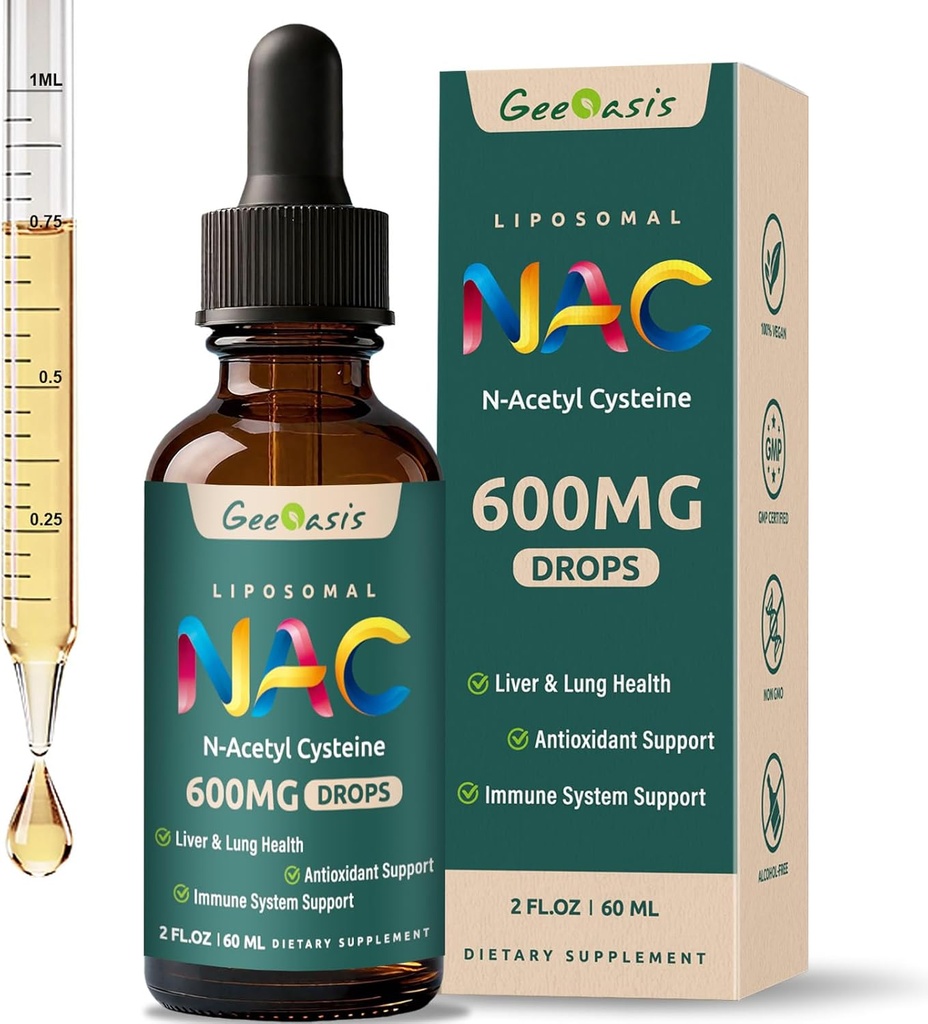 Liposomal Líquido NAC Suplemento N-Acetil Cysteine Drops, N Acetyl Cysteine 600 mg con Quercetin & Zinc para adultos " Niños, Liver " Lung Support, Antioxidante, Immune " Skin Health, 2 Fl Oz