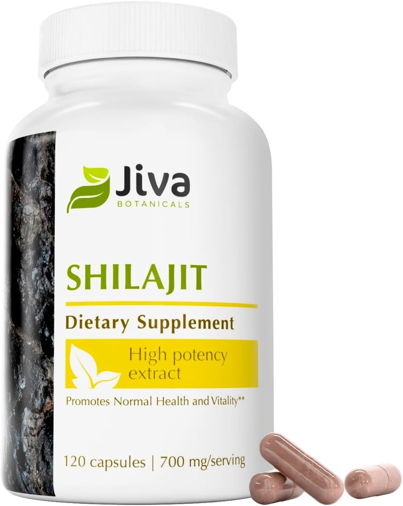 Jiva Botánicos Premium Shilajit Suplemento 700 mg - Shilajit Capsules Extracto con Minerales, Ácido Fulvico/Humico para Apoyo Inmunitario " Salud Digestiva Nomal - 120 Cápsula Vegana (Pack de 1)