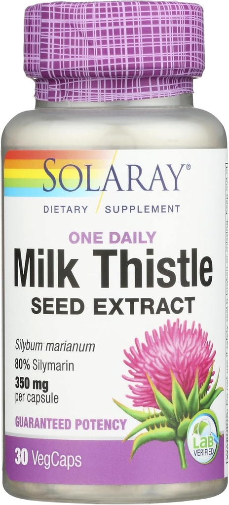 SOLARAY Extracto de la semilla de leche 350 mg Garantizado para contener 80% Silymarin, soporte tradicional para el hígado, Vegan " laboratorio verificado para la calidad, garantía de 60 días de devolución de dinero, 30 servicios, 30 VegCaps