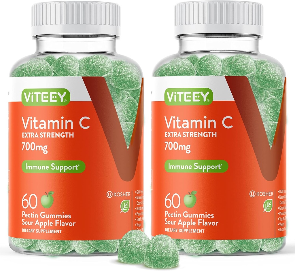 Viteey Vitamina C Gummies para adultos & adolescentes, 700mg Extra Strength - Immune Support Gummies - Immune Booster - Vegan, Gelatin Gratis -Tosty Vitamin C Chewable Sour Apple saboreado Gummy-60 Conde