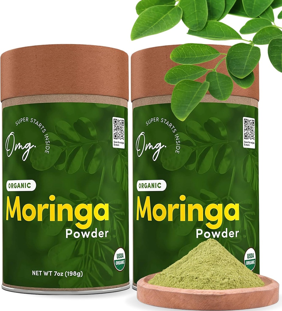 OMG! Superalimentos Puro y Orgánica Moringa Polvo - USDA Certified Moringa Oleifera, Great Source of Calcium, Iron, Vitaminas A & E - 7 Oz (2 Pack)