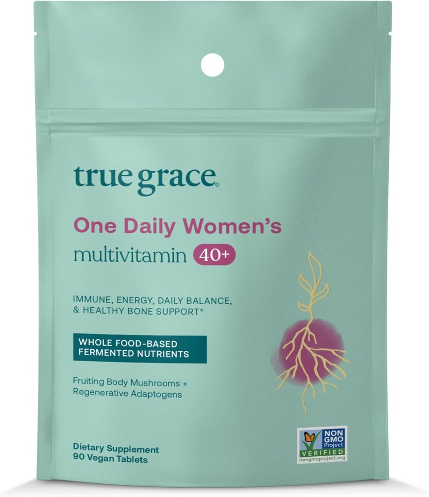 True Grace One Daily Women’s Multivitamin 40+ Fermented Minerals, Organic Adaptogens & Mushrooms Energy, Immune, Bone Support - Non-GMO - Iron, Gluten & Soy Free - 90 tabletas Vegan