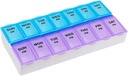 EZY DOSE Organizador y Planificador semanal de píldoras (7 días), con base para la eliminación fácil de la píldora, grande, azul / púrpura Am/Pm