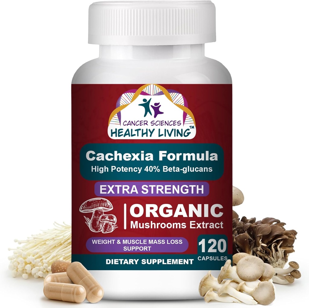 CANCER SCIENCES Suplemento de Cachexia, USDA Certified Organic Mushrooms Extract Capsules, Extra Strength 1,500 mg, High Potency 40% Beta-Glucans, Immune & Metabolic Support, Weight & Muscle Mass Support
