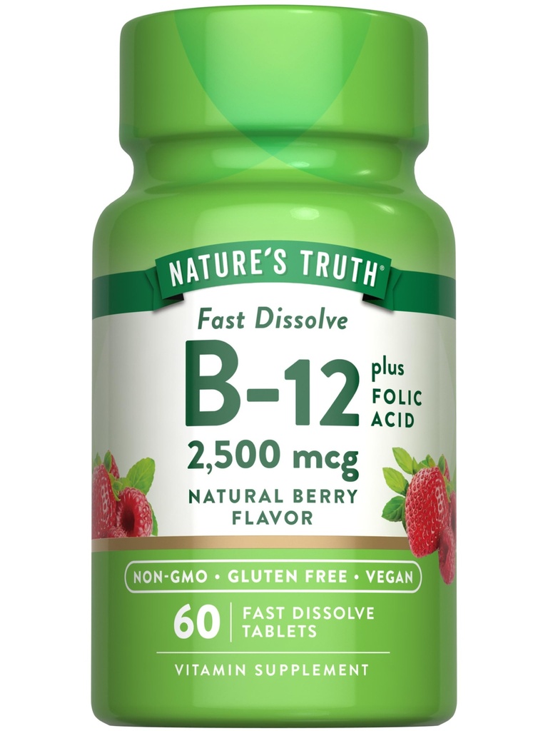 La verdad de la naturaleza B12 Vitamina tención 60 Tablas rápidas de consolación TENIDO 2500 mcg Silencio con ácido fólico ANTE Vegan, No Gluten Gratis