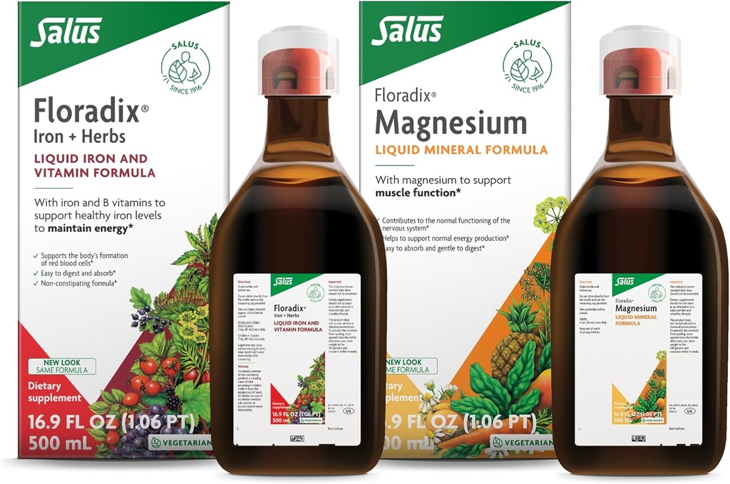 Floradix por Salus Magnesium (16.9 oz) & Iron ' Herbs (16.9 oz) Bundle - Magnesium for Bone Support, Digestive Health & More* - Suplemento de hierro para el apoyo energético saludable*