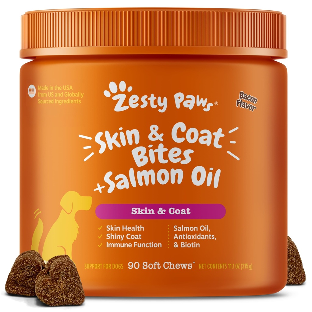 Zesty Paws Omega 3 Fish Oil for Dogs - Zesty Paw Dog Vitaminas y Suplementos para Hip, Joint & Skin, Bacon (90 Chews)
