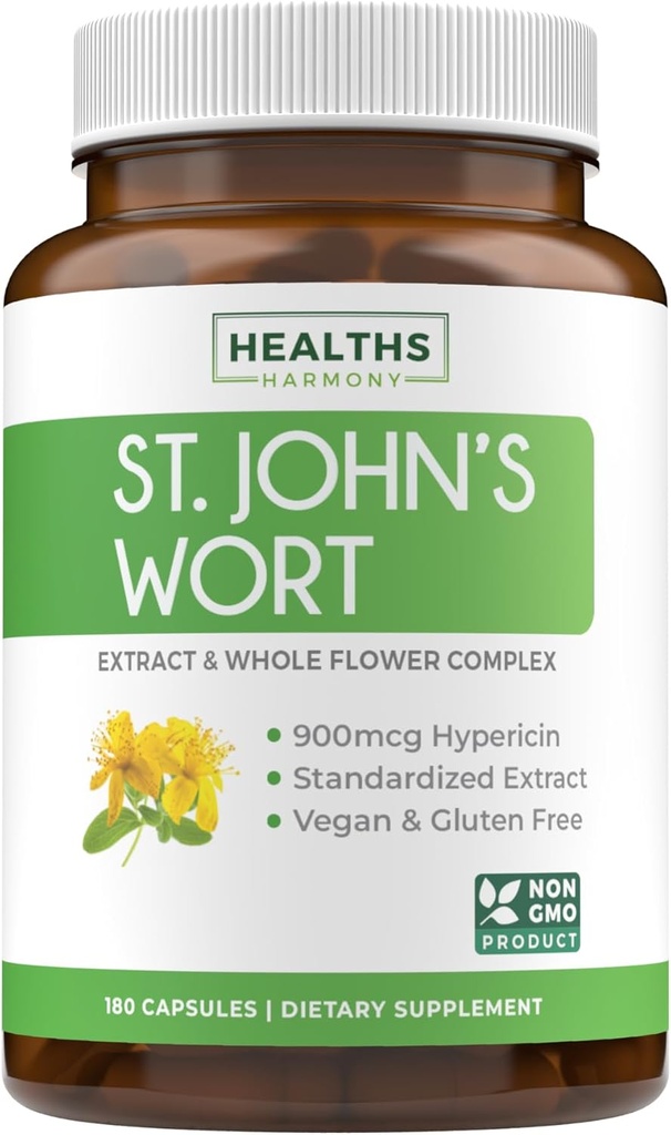 St John's Wort Capsules - Potente & Potent Saint John's Wort Extract & Whole Herb Complex Estándarizado a 900mcg Hypericin para equilibrar el soporte diario del humor - Vegan Non-GMO & Lab Verified (180 caps)