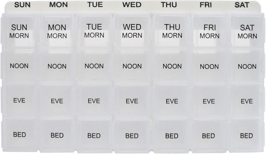 ProMed Weekly 4 Times Daily 7 Day Pill Organizer for Medication, Vitamins & Supplements TENED Ergonomic Pill Case with Removable Clear Compartments TEN BPA-Free & Medical-Grade Plastic