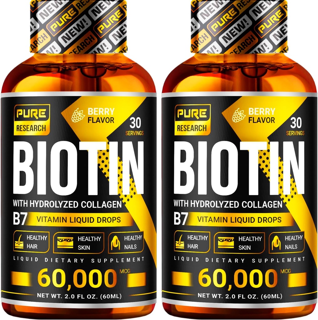 PURE RESEARCH Biotina & Collagen 60,000mcg Crecimiento del cabello gotas líquidas, soporta: uñas fuertes, piel de alambramiento, crecimiento saludable del cabello, más absorción que cápsulas " píldoras (4Fl Oz)