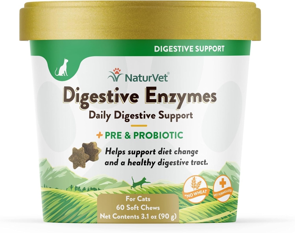 NaturVet – Enzimas digestivas para Cats Plus Probióticos – 60 Chews suaves – Ayuda a apoyar el cambio de dieta & A Healthy Tracto digestivo – Ayudas en la absorción de vitaminas " minerales - 30 días de suministro