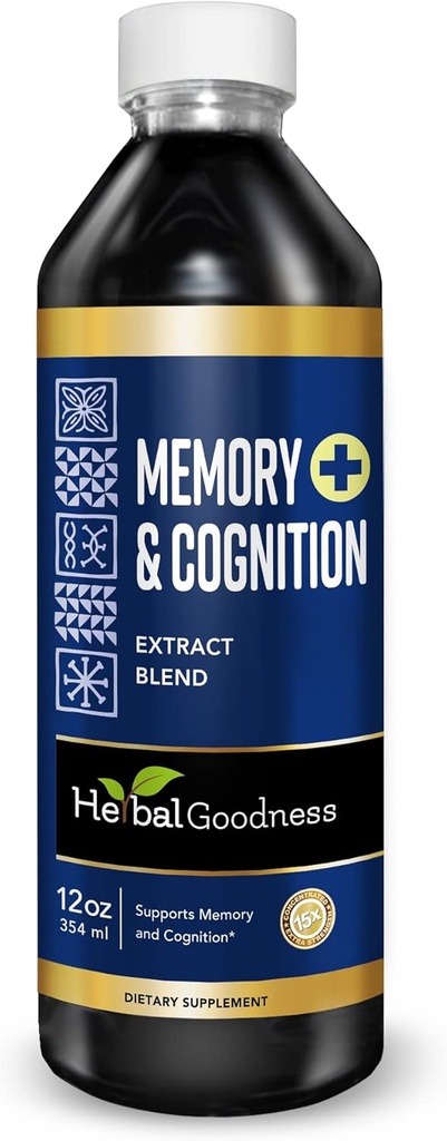 Herbal Goodness Memory and Cognition Liquid Extract 12oz - Apoya la Claridad Mental, Energía & Función Inmunitaria - Suplemento Natural Orgánico con Ginkgo, Sage & Lion’s Mane - 23 Servimientos