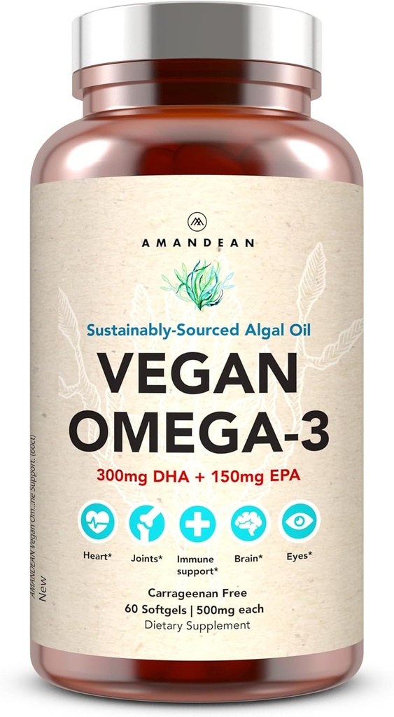 AMANDEAN Vegan Omega 3 Suplemento. Premium Fish Oil Alternative. Algae DHA & EPA. Carrageenan Free Softgels. Ácidos grasos esenciales de Algal. Corazón, Cerebro, Ojo, Esquía, Apoyo Inmunitario. (60ct)