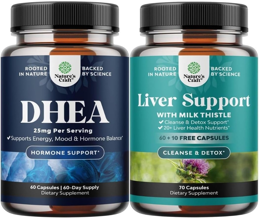 Bundle of Pure DHEA 25mg for Women and Men for Mood Energy and Immune Support and Liver Cleanse and Detox " Repair Formula - Herbal Liver Support Supplement