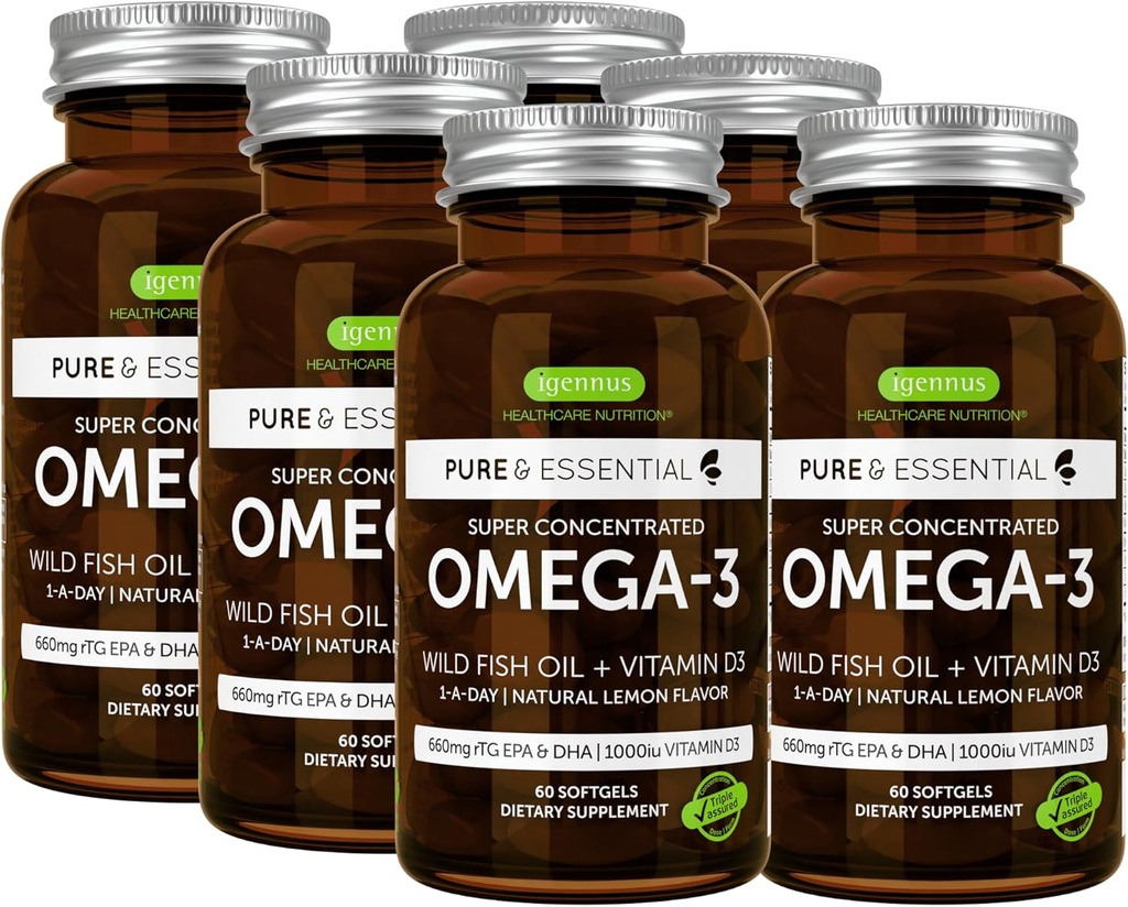 Igennus Advanced rTG Omega-3 IFOS Certified Wild Fish Oil & Vitamin D3, 1-a-Day, Fatty Acids EPA & DHA, Fast-Acting Triglyceride Form, Ultra Pure " Non-GMO, 360 Softgels