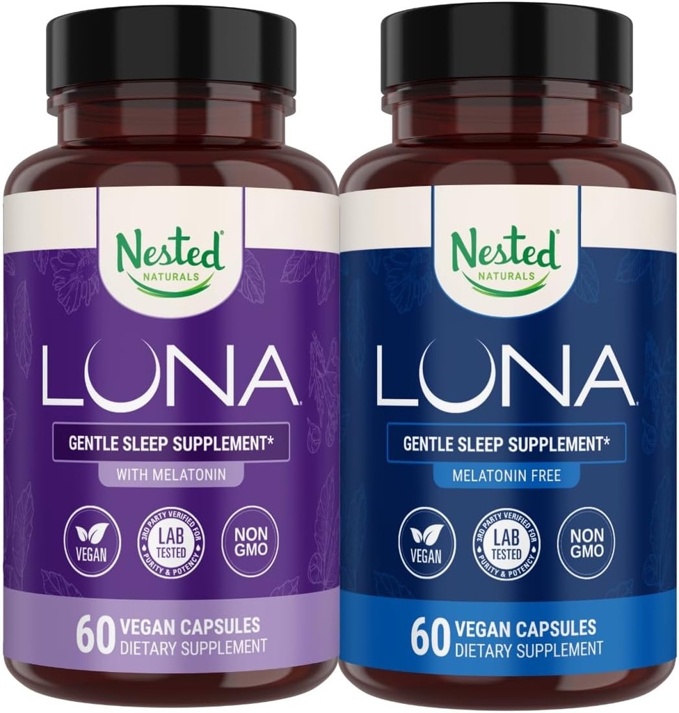 Anidados Naturales Luna Sleep Aid Bundle ← Luna & Luna Melatonin-Free Sleeping Pills with Natural Ingredients Melatonin, Valarien, & More (120 Conteo)