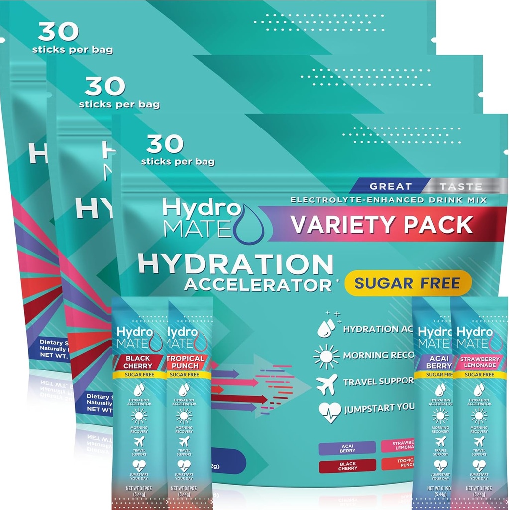 Empaquetadura de hidratación sin azúcar de electrolitos Variedad Pack HydroMATE 90 Sticks
