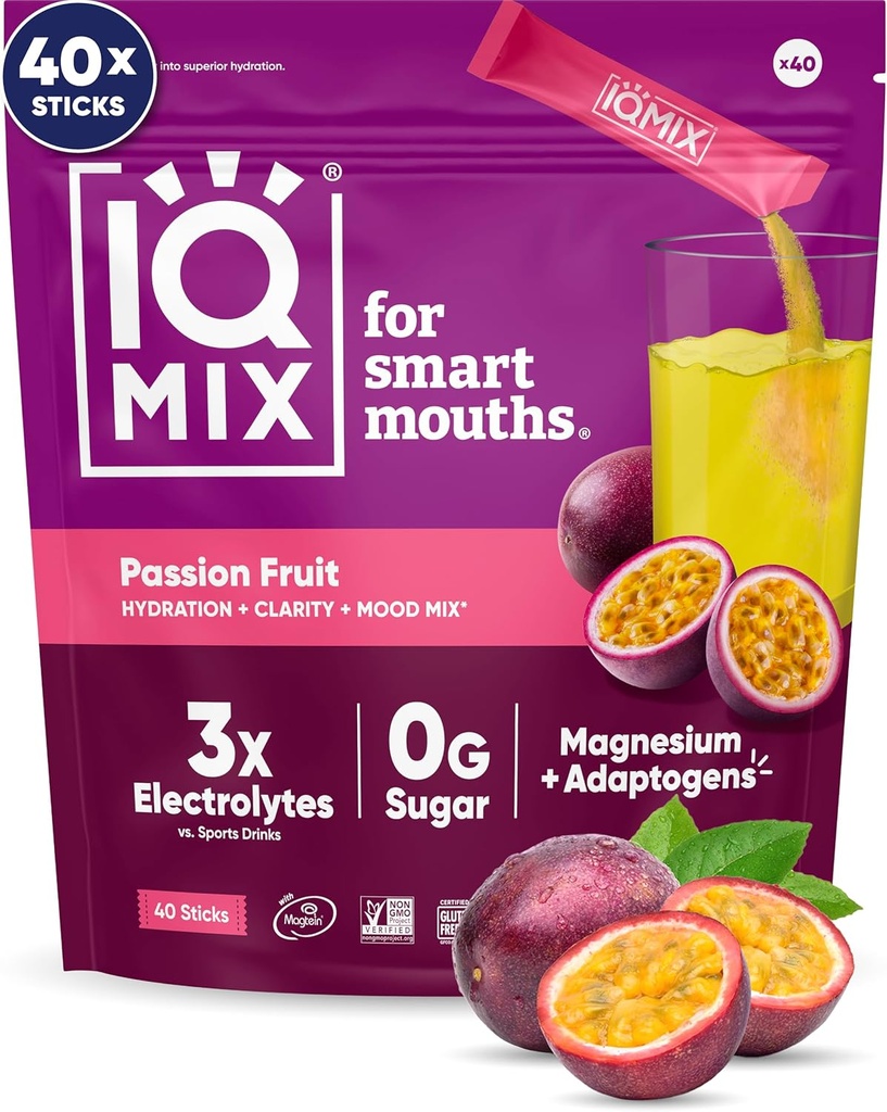 IQMIX Hidration Electrolyte Powder – 4-en-1 Fórmula para la hidratación, la claridad mental, el humor y la recuperación – Sugar-Free Drink Mix, Keto, Magnesium L-Threonate, Lion’s Mane – 40 Conde Passion Fruit
