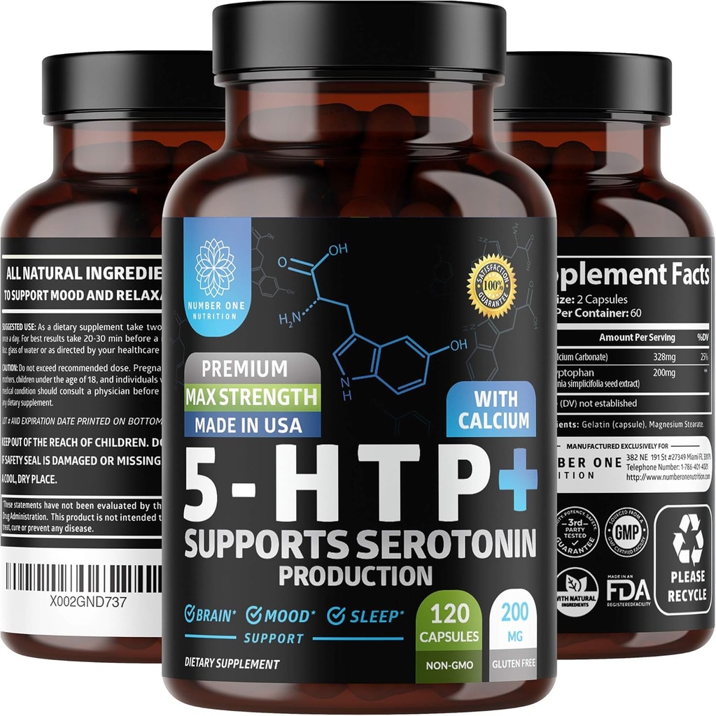 N1N Premium 5-HTP 200mg Plus Calcium, Hecho de Griffonia Seed Extracto, No GMO y Gluten Gratis, 120 Caps