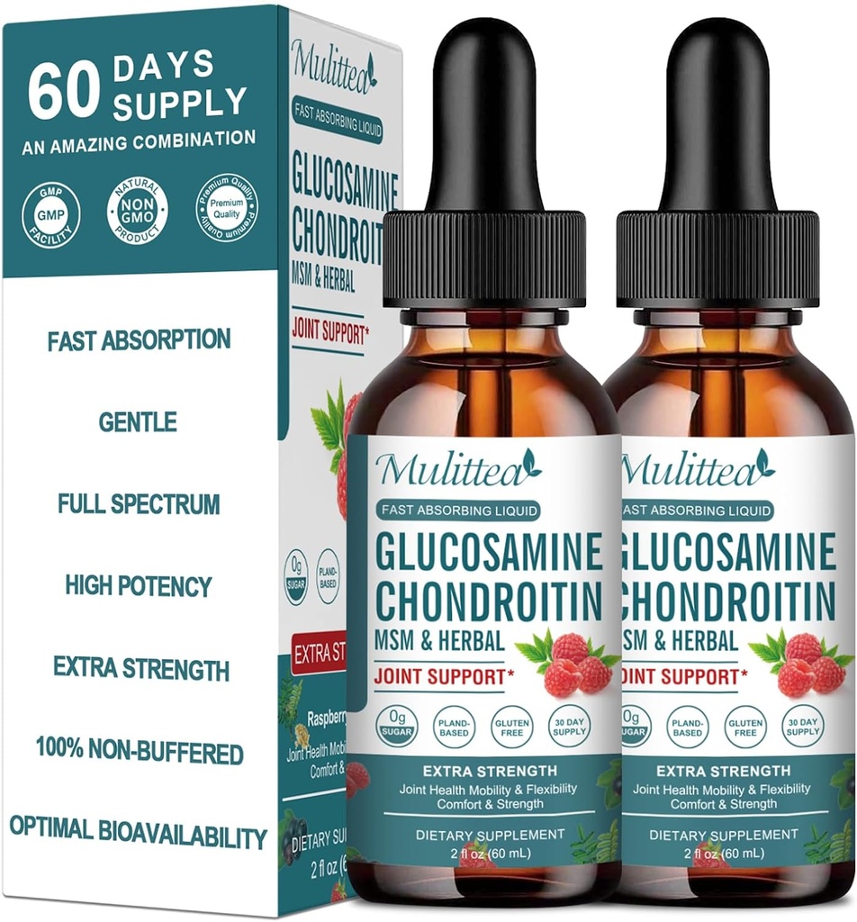 (2 Pack) Glucosamine Chondroitin MSM Liquid Drops - Suplemento de Apoyo Conjunto de Fuerza Extra con Elderberry, Boswelia, Bromelain, Ácido Hialurónico - Apoyo Inmunitario Antioxidante para Adultos, Hombres & Mujeres