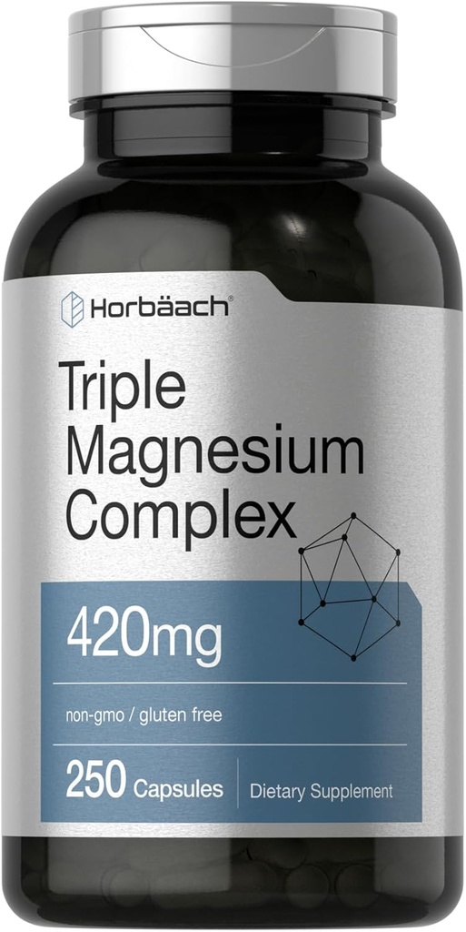 Horbäach Triple Complejo de Magnesio TEN 420 mg ANTE 250 cápsulas TENIDA Fórmula Libre No Gluten y Fórmula Libre Gluten ANTE Oxido de Magnesio, Citrato y Suplemento Dietario Aspartado