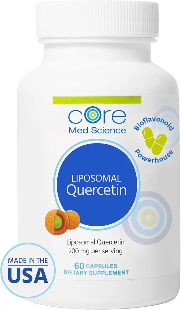 Core Med Science Liposomal Quercetin, 200mg (60 cápsulas) - Suplemento de Quercetina apoya la absorción de vitamina C y zinc - promueve el sistema inmunológico " Salud cardíaca, libre de gluten " sin lácteos
