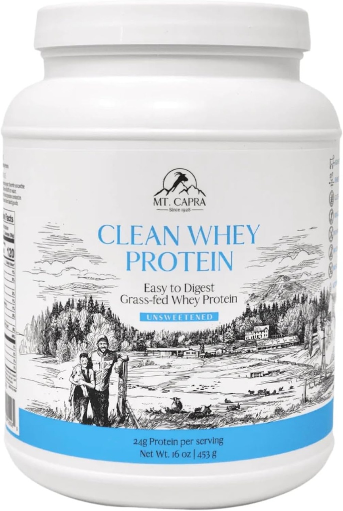 Mt. Capra Clean Whey Protein ← Grass-Fed Undenatured Goat Whey Protein Powder ← 24 g Protein Per Serving, All Natural, Non-GMO, High in Branch Chain Amino Acids ← Unsweetened tención 15 Servings - 16 oz