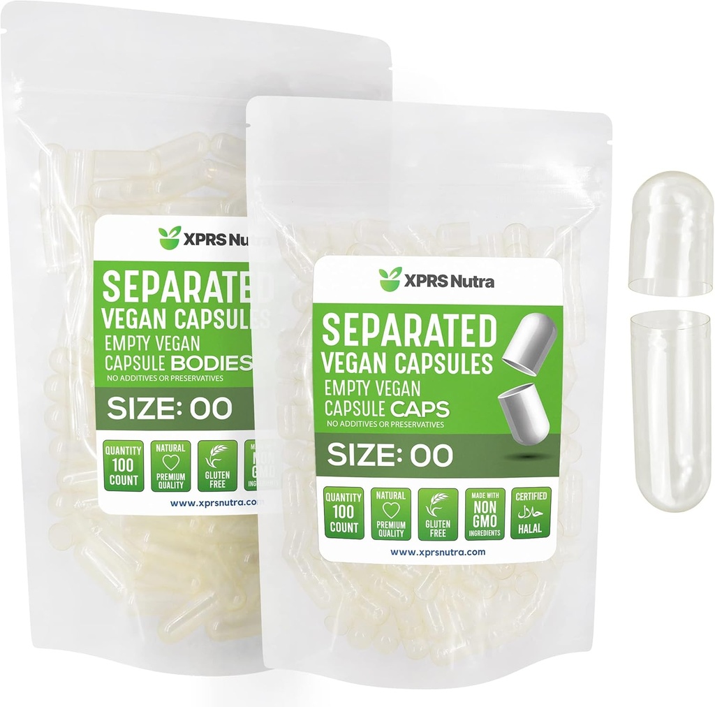 XPRS Nutra Vegan Tamaño 00 cápsulas separadas - 100 Conde despejado de cápsulas de vacío Premium Separados en bolsas - 00 píldoras vacío para relleno de suplemento de bricolaje