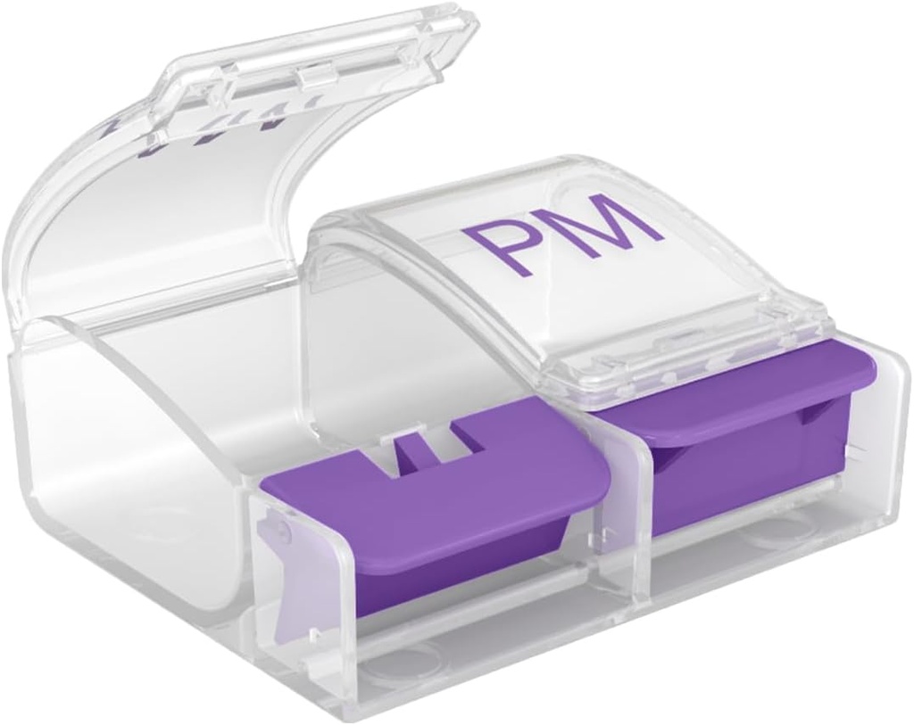 EZY DOSE Daily Push Button Pill Case, Medicine Planner, Vitamin Organizer Box, 2 veces al día, AM/PM Compartments grandes, Artritis Friendly, Lids claros, Color May Vary, BPA Gratis