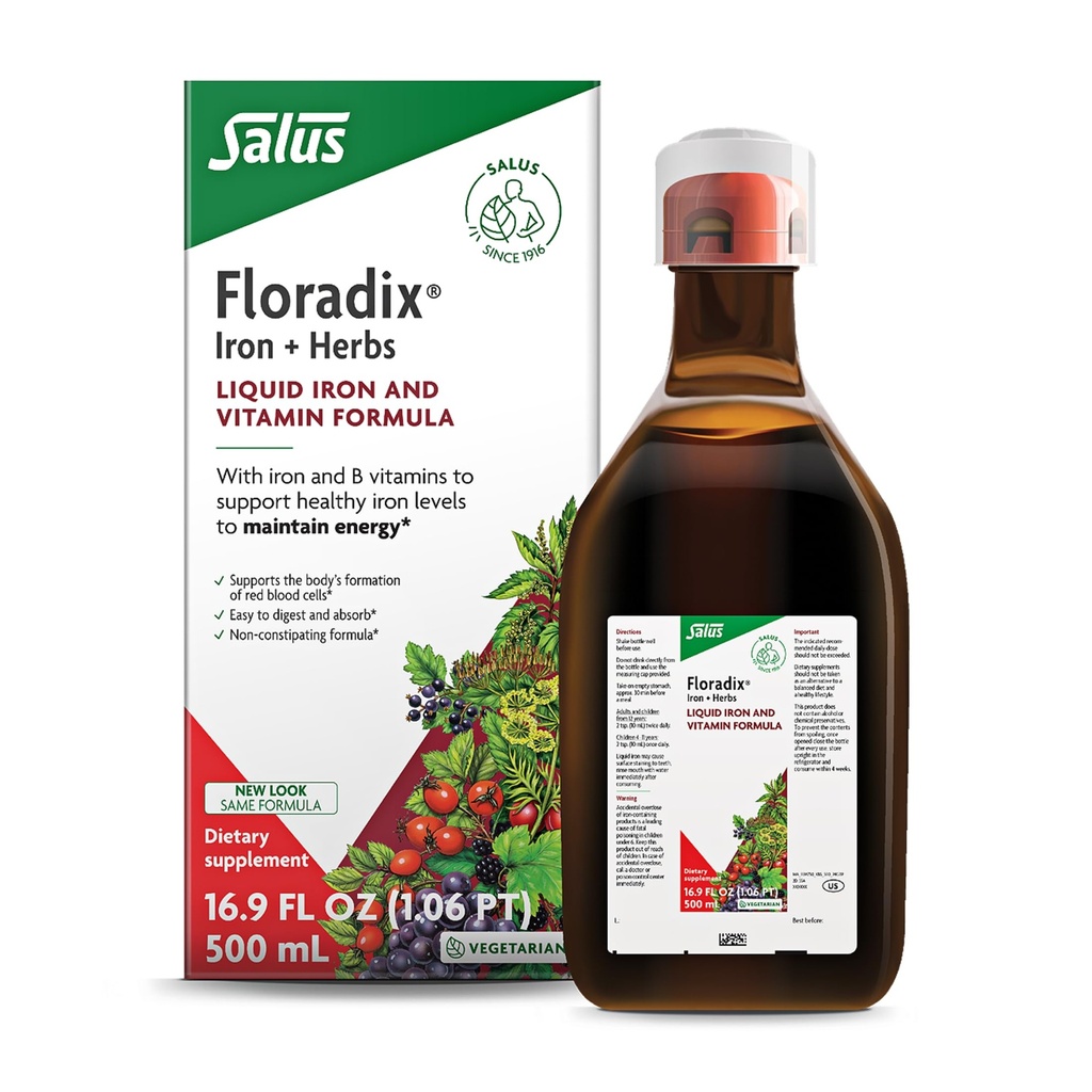 Floradix Iron &amp; Herbs - Suplemento Herbal Líquido de Apoyo Energético - Suplemento Hierro con Complejo Vitamina C &amp; Vitamina B - para Hombres &amp; Mujeres - 16.9 fl oz