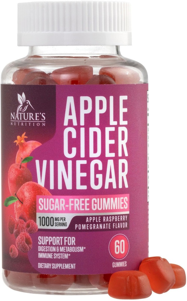 Apple Cider Vinegar Gummies 1000mg por Serving - Sugar Free Max Strength ACV Gummy Vitamins Suplemento, Fórmula Avanzada, Vitamina B12 soporta Metabolismo & Energía, Keto Friendly, Vegan, 60 Gummies