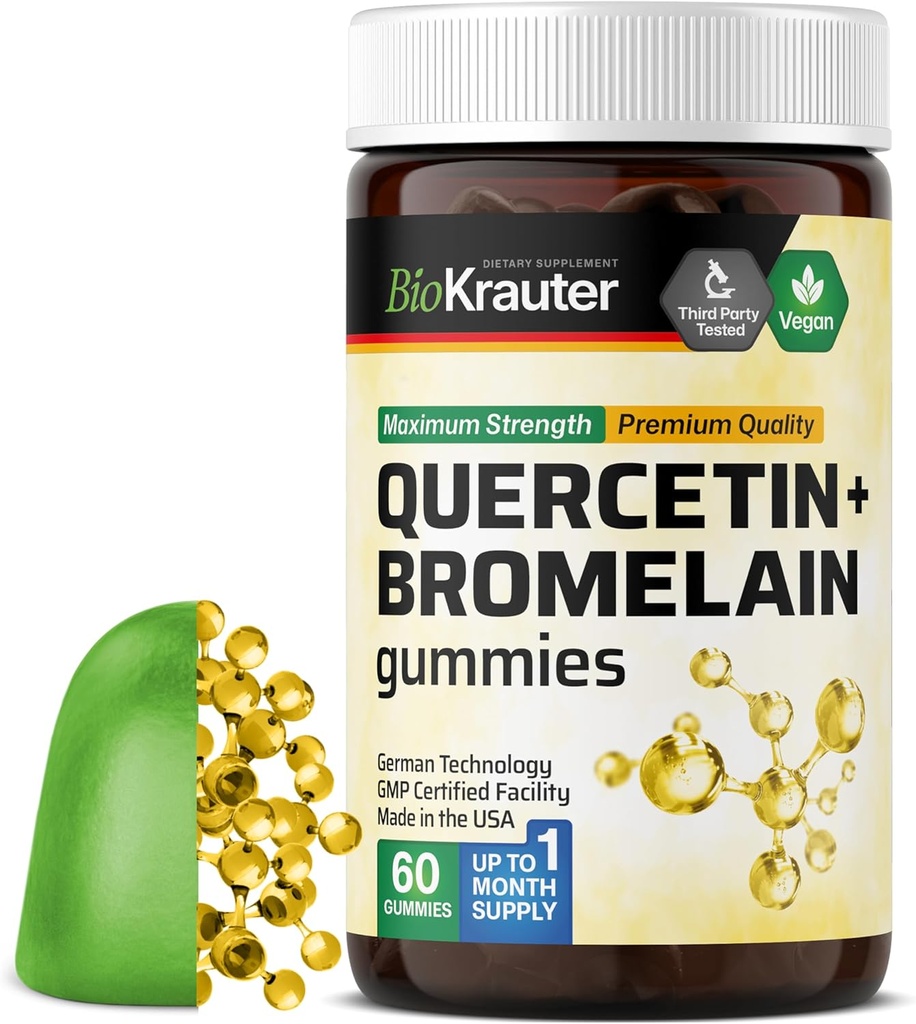 BIO KRAUTER Quercetin with Bromelain Gummies - 1000 mg Mix - 60 Chews Vegan - Quercetin Gummies - Vegan Immune Support - Fuente de Antioxidantes - Fórmula libre de gelatina