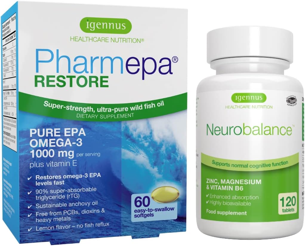 Igennus Pharmepa Restore EPA + Neurobalance Zinc, Magnesium & Vitamina B6 Mood Health Bundle for Atención " Focus