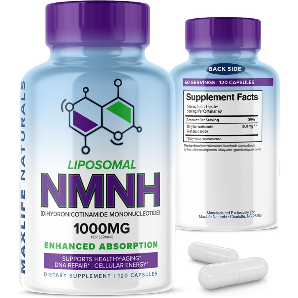 Liposomal NMNH 1000mg - 120 Capsules, Dihydronicotinamide Mononucleotide NAD+ Precursor - Ultra-Absorbable NAD Plus Complex, Liposomal NMN Supplements Capsules for Aging Support & Cellular Energy