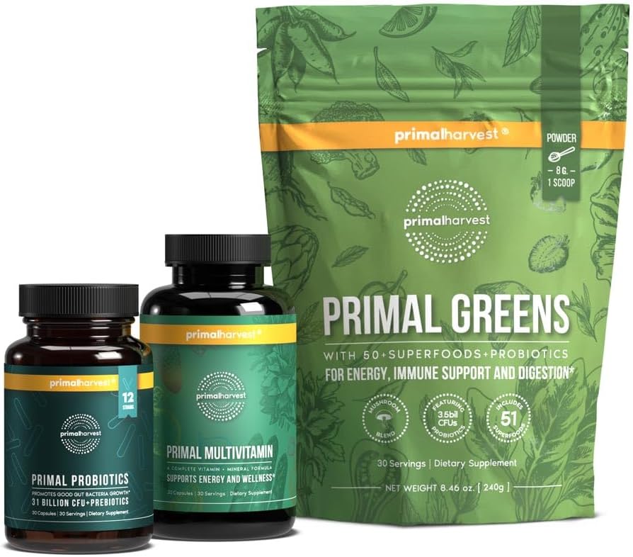 Primal Harvest Multivitamina, Verdes y Probióticos - Paquete de Esenciales de la mañana para la nutrición diaria, energía y Gut Health - 3 Pack